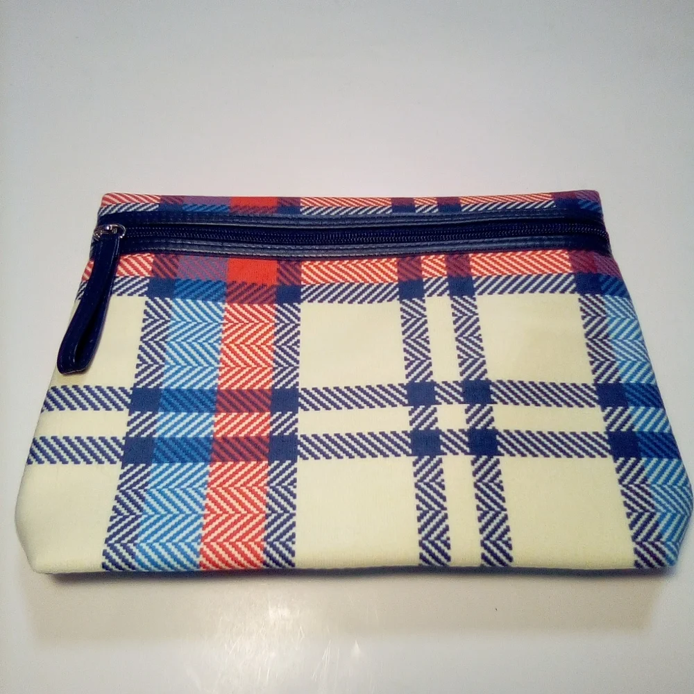 Americana Plaid Cosmetic Pouch Zipper Closure Faux Leather Pull Tag